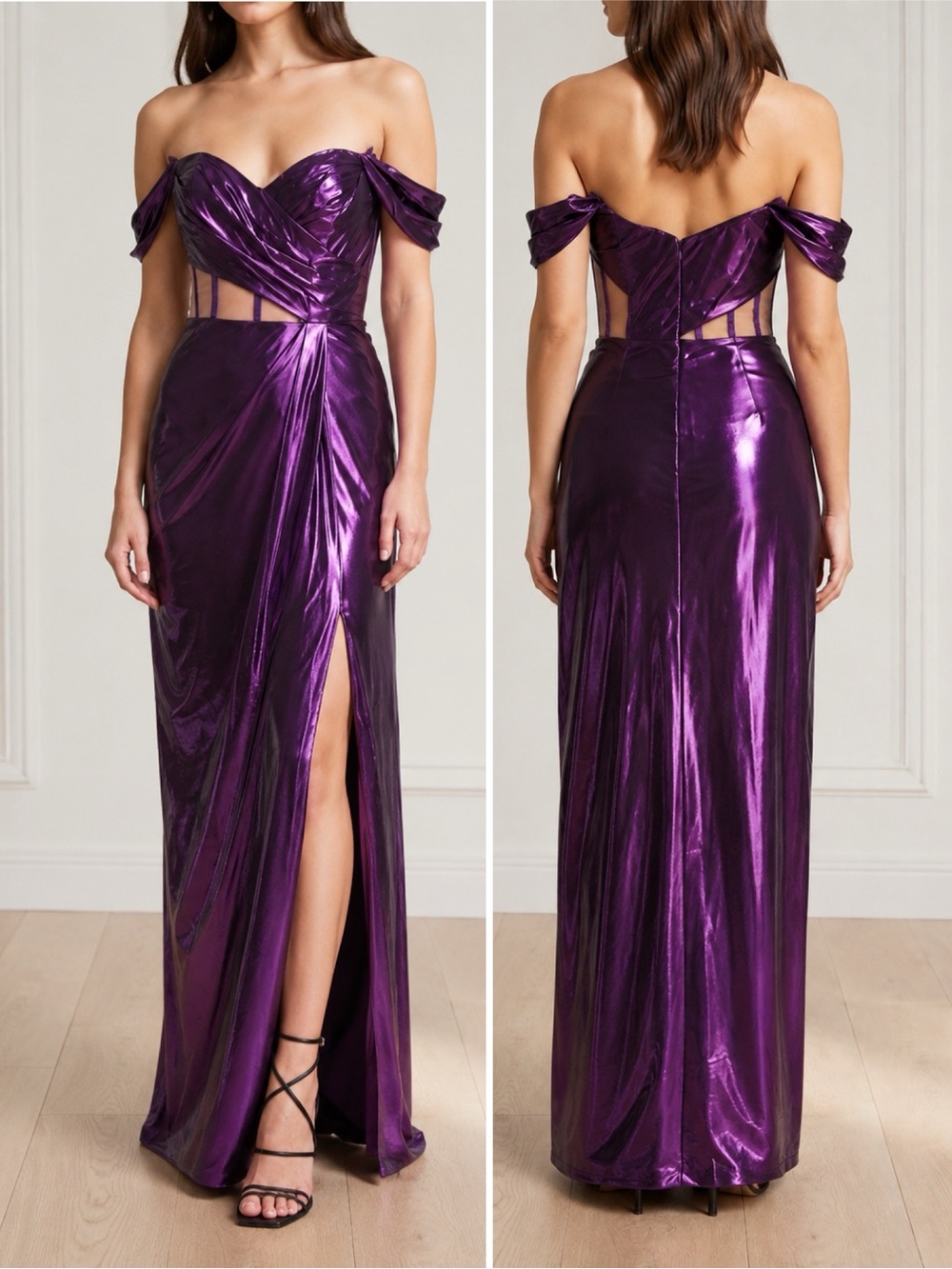 Marchesa Notte NWT Size 14 Amethyst Metallic Lamé Off Shoulder Gown Formal New